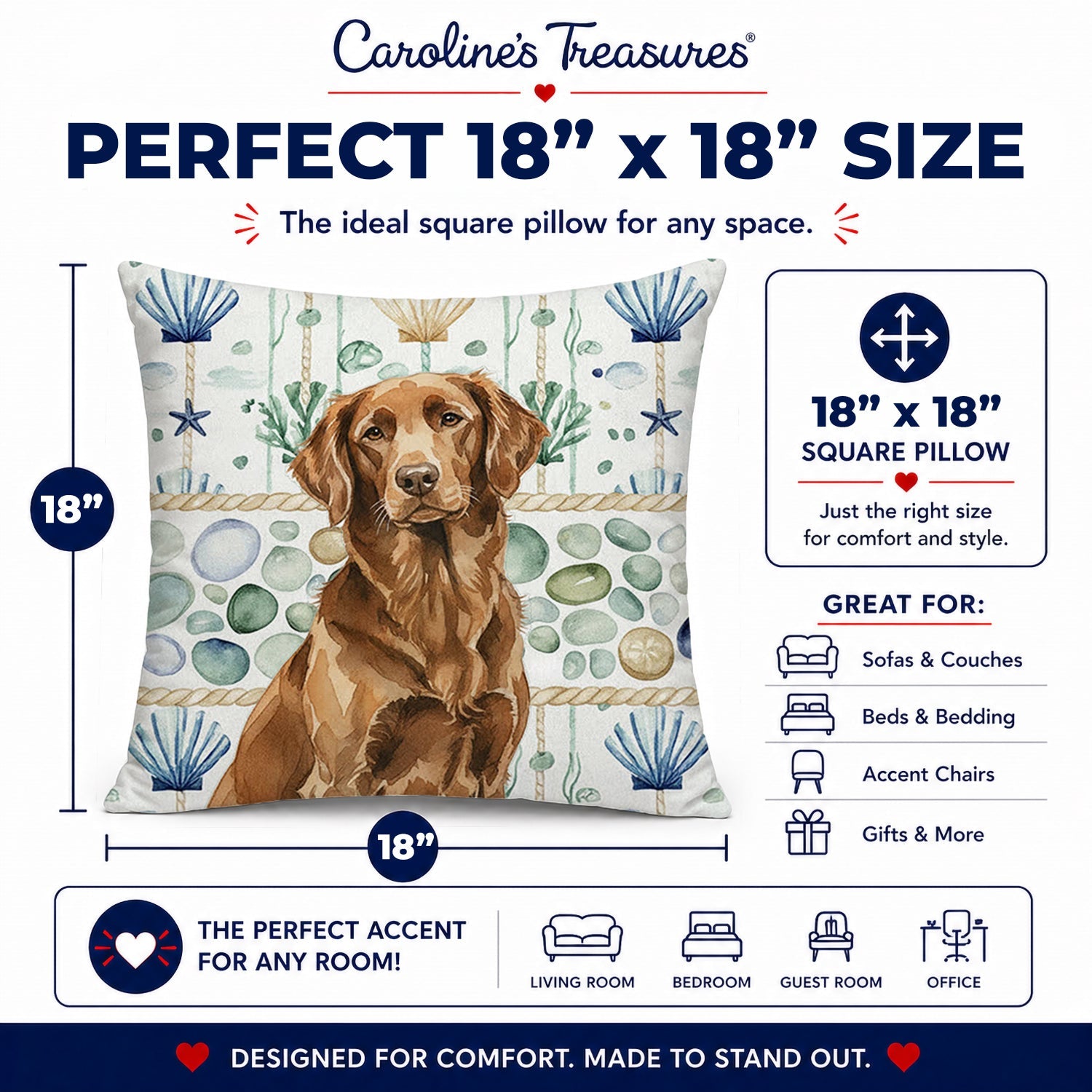 Liver Flat-Coated Retriever Coastal Sea Glass Decorative Throw Pillow 18x18 Indoor Outdoor Accent Cushion, Fabric Cover with Insert for Sofa, Bed, Porch & Living Room