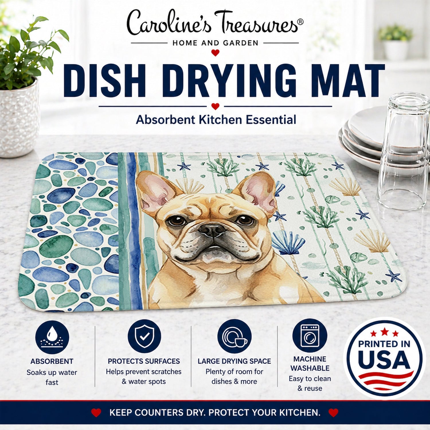 Fawn French Bulldog Coastal Sea Glass Dish Drying Mat Absorbent Dish Drying Mat Pad for Kitchen Counter Dish Drainer Mat for Countertop, 14 x 21", Multicolor
