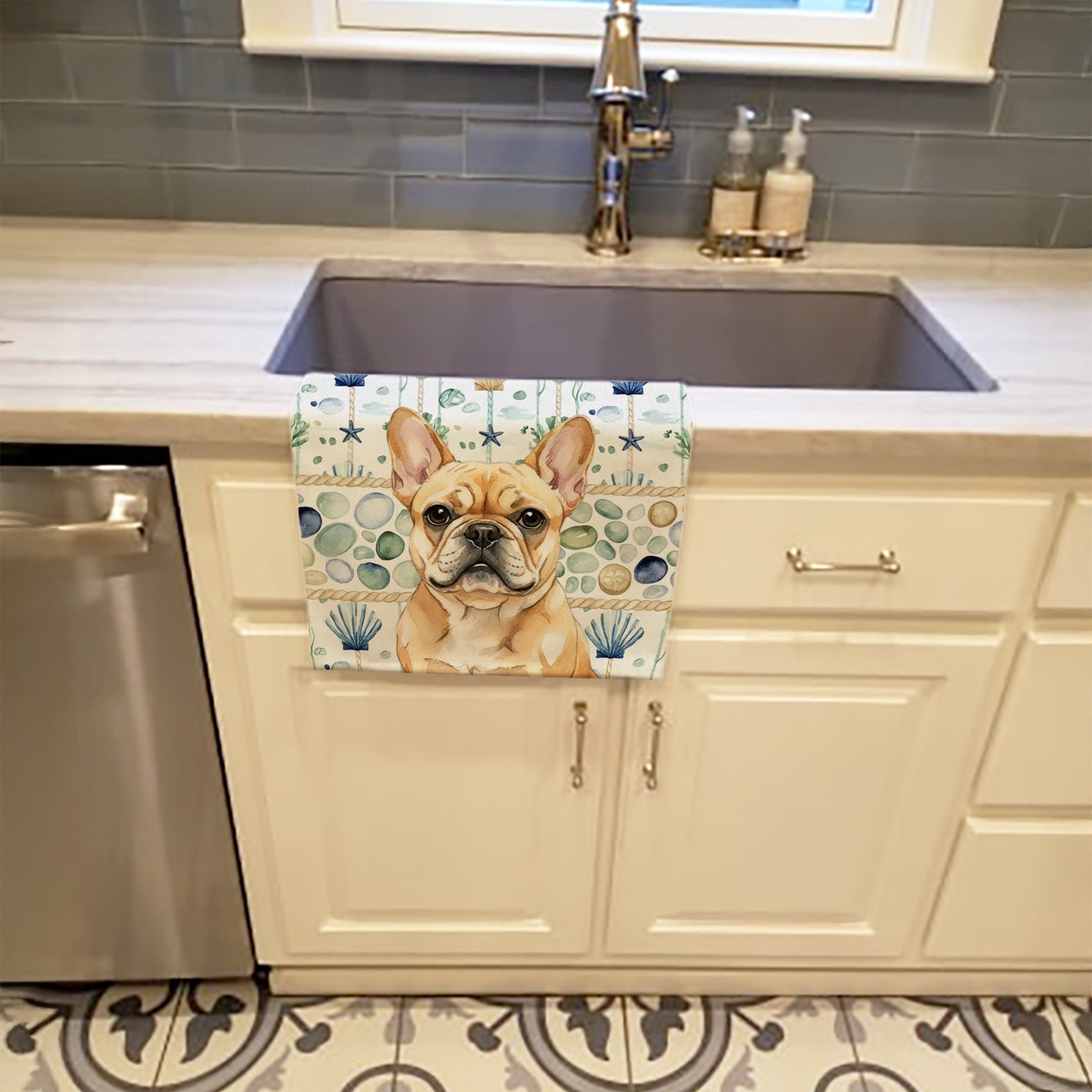 Fawn French Bulldog Coastal Sea Glass Kitchen Towel Velour Plush Front and Cotton Loop Back Machine Washable