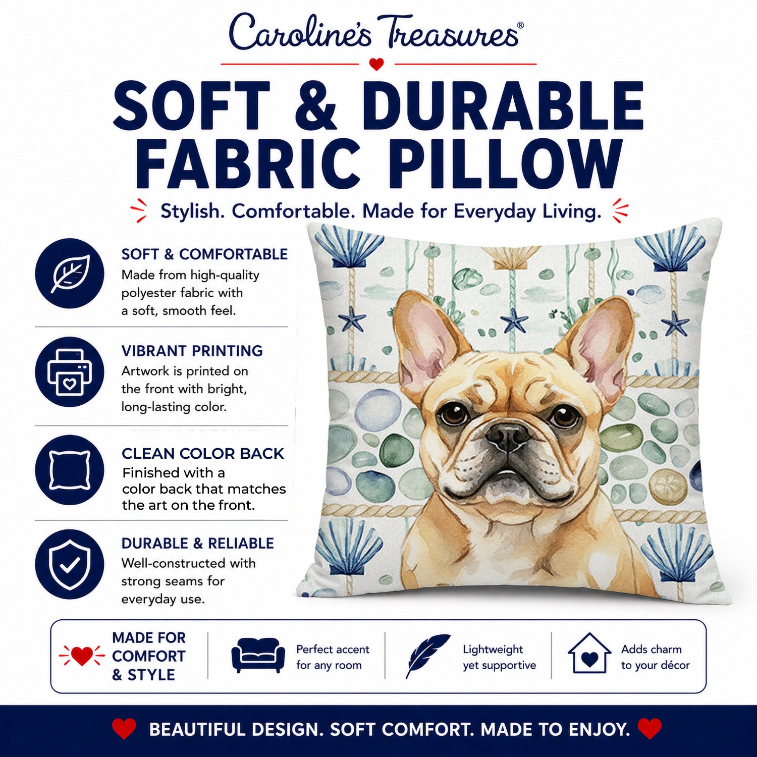 Fawn French Bulldog Coastal Sea Glass Decorative Throw Pillow 14x14 Indoor Outdoor Accent Cushion, Fabric Cover with Insert for Sofa, Bed, Porch & Living Room