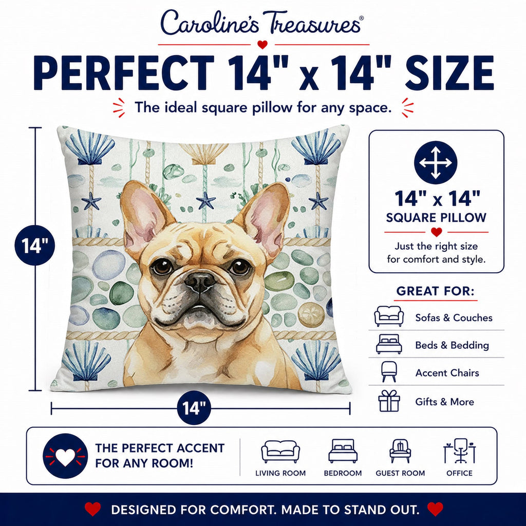 Fawn French Bulldog Coastal Sea Glass Decorative Throw Pillow 14x14 Indoor Outdoor Accent Cushion, Fabric Cover with Insert for Sofa, Bed, Porch & Living Room