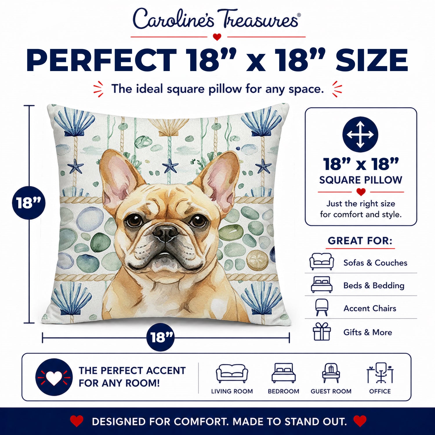 Fawn French Bulldog Coastal Sea Glass Decorative Throw Pillow 18x18 Indoor Outdoor Accent Cushion, Fabric Cover with Insert for Sofa, Bed, Porch & Living Room