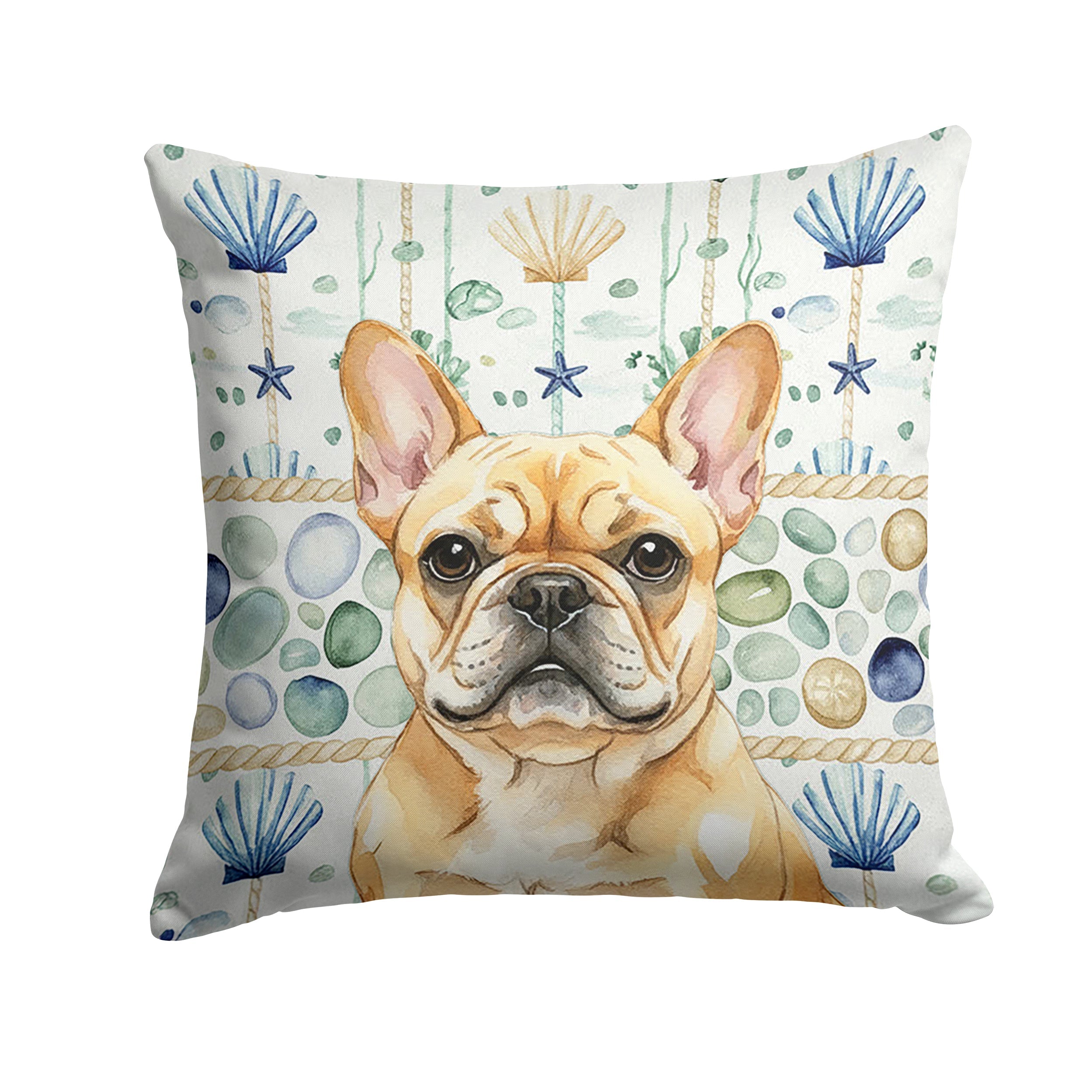 Fawn French Bulldog Coastal Sea Glass Decorative Throw Pillow 18x18 Indoor Outdoor Accent Cushion, Fabric Cover with Insert for Sofa, Bed, Porch & Living Room