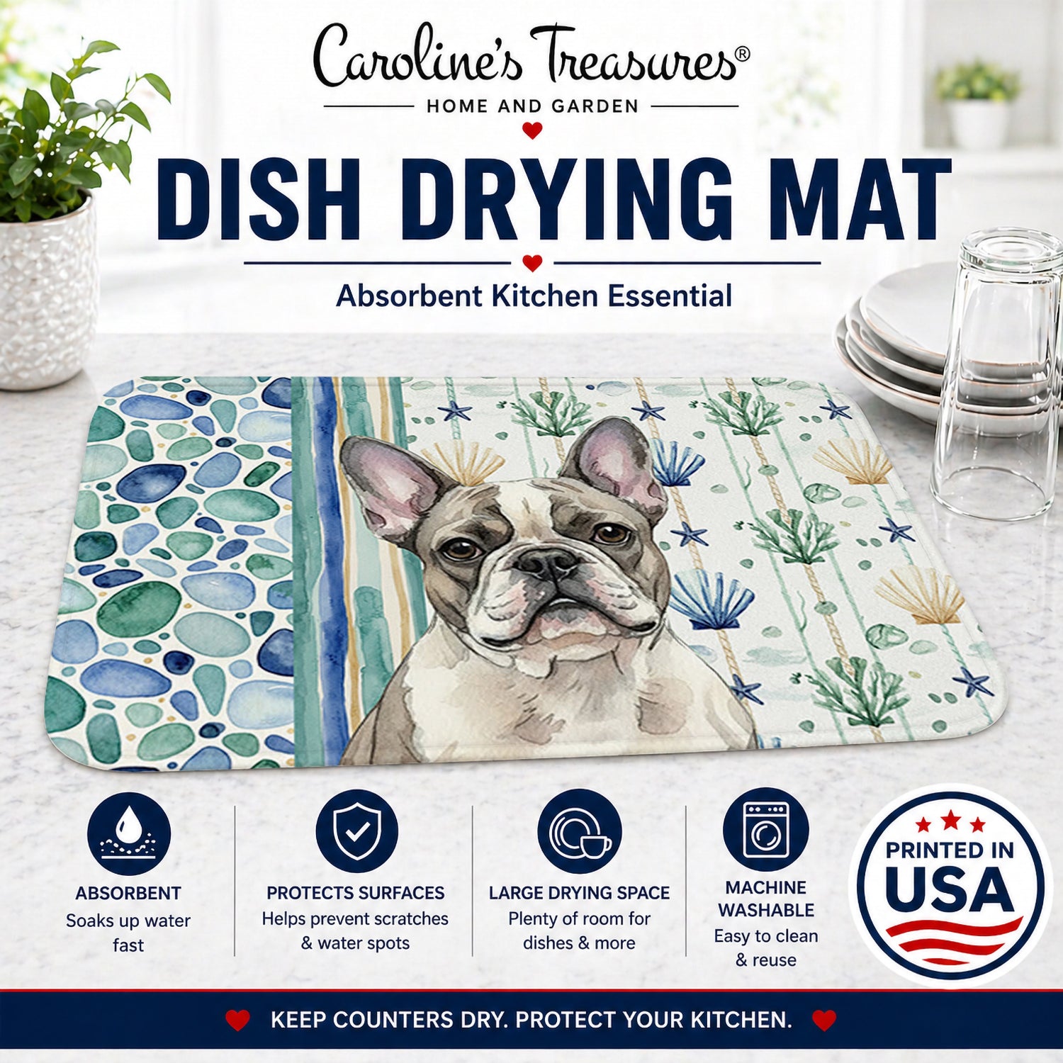 Pied French Bulldog Coastal Sea Glass Dish Drying Mat Absorbent Dish Drying Mat Pad for Kitchen Counter Dish Drainer Mat for Countertop, 14 x 21", Multicolor