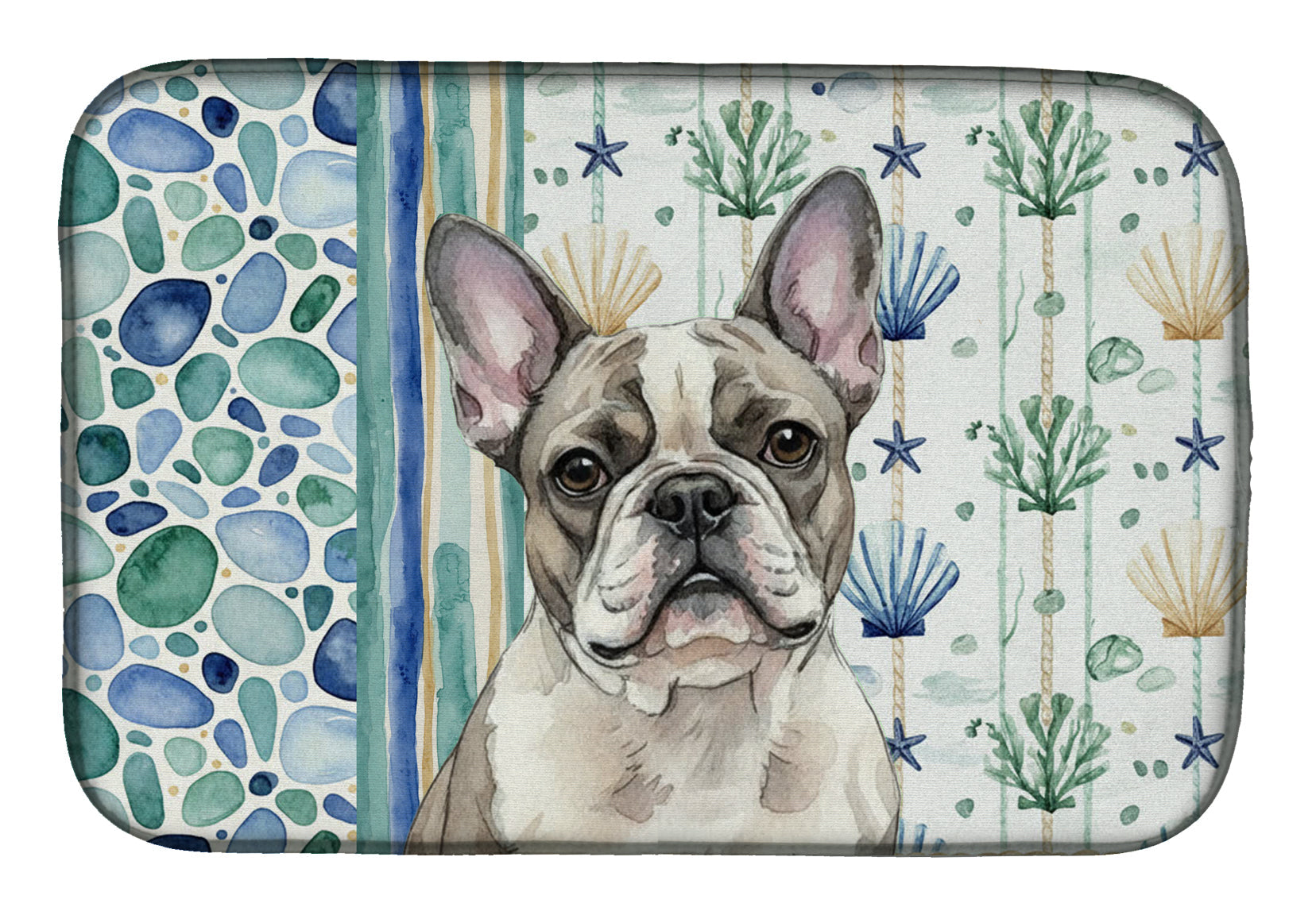 Pied French Bulldog Coastal Sea Glass Dish Drying Mat Absorbent Dish Drying Mat Pad for Kitchen Counter Dish Drainer Mat for Countertop, 14 x 21", Multicolor