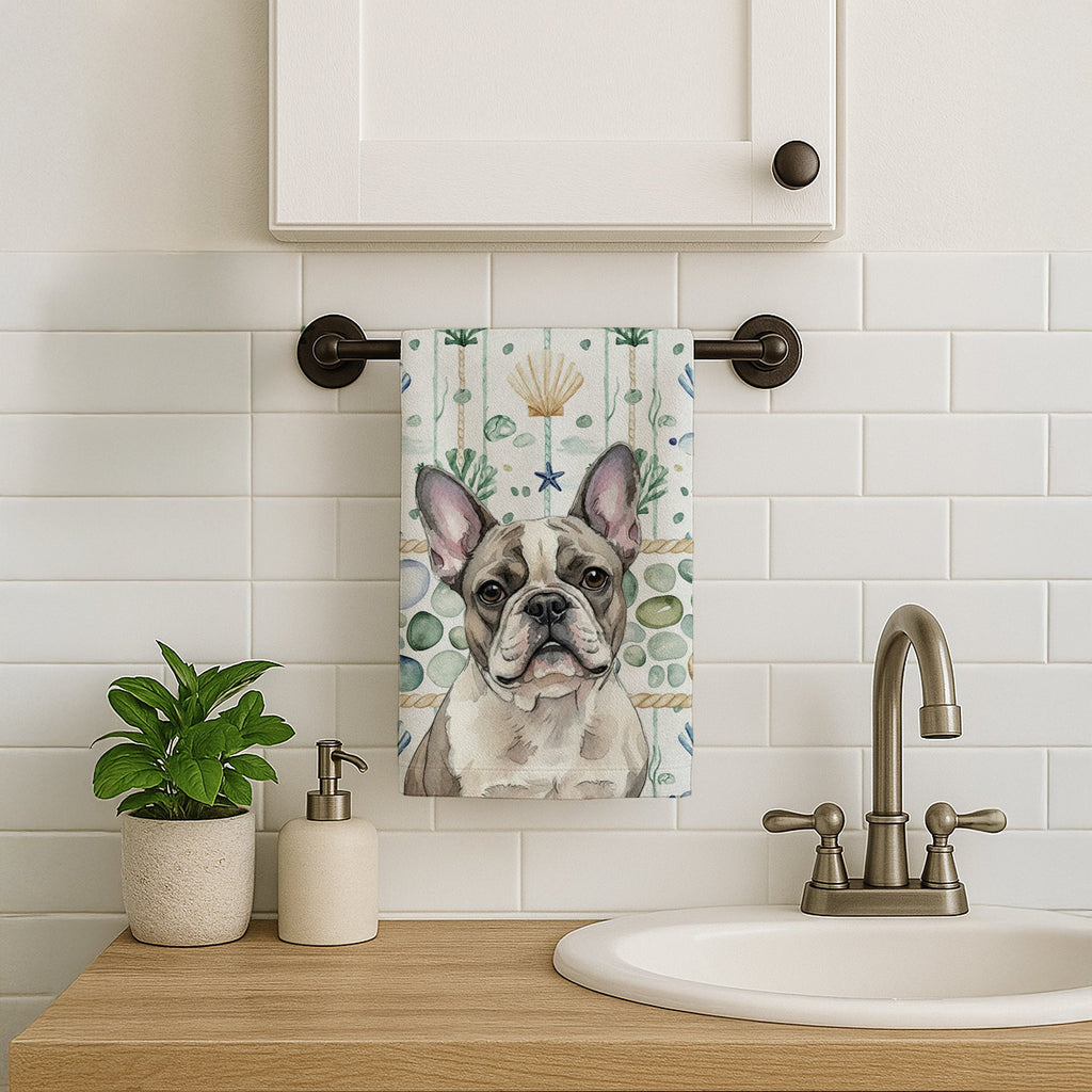 Pied French Bulldog Coastal Sea Glass Kitchen Towel Velour Plush Front and Cotton Loop Back Machine Washable