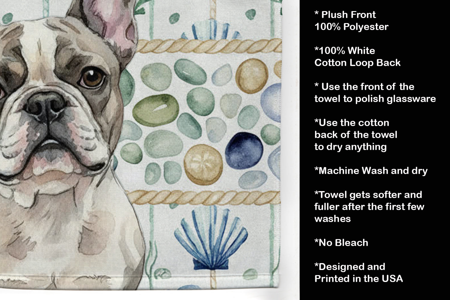 Pied French Bulldog Coastal Sea Glass Kitchen Towel Velour Plush Front and Cotton Loop Back Machine Washable