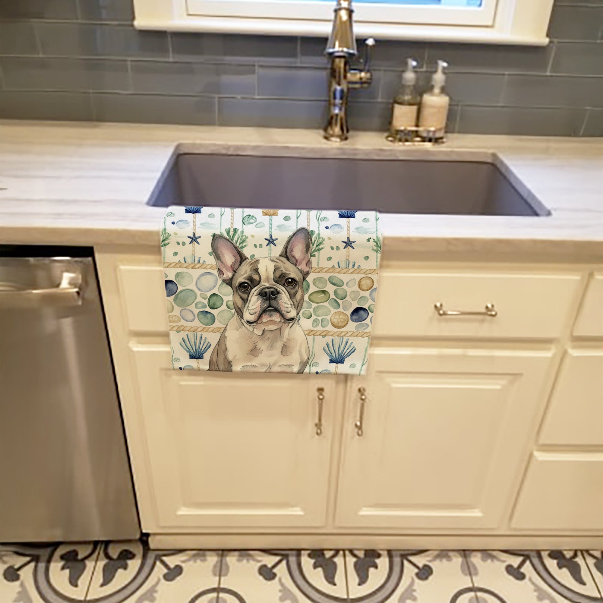 Pied French Bulldog Coastal Sea Glass Kitchen Towel Velour Plush Front and Cotton Loop Back Machine Washable
