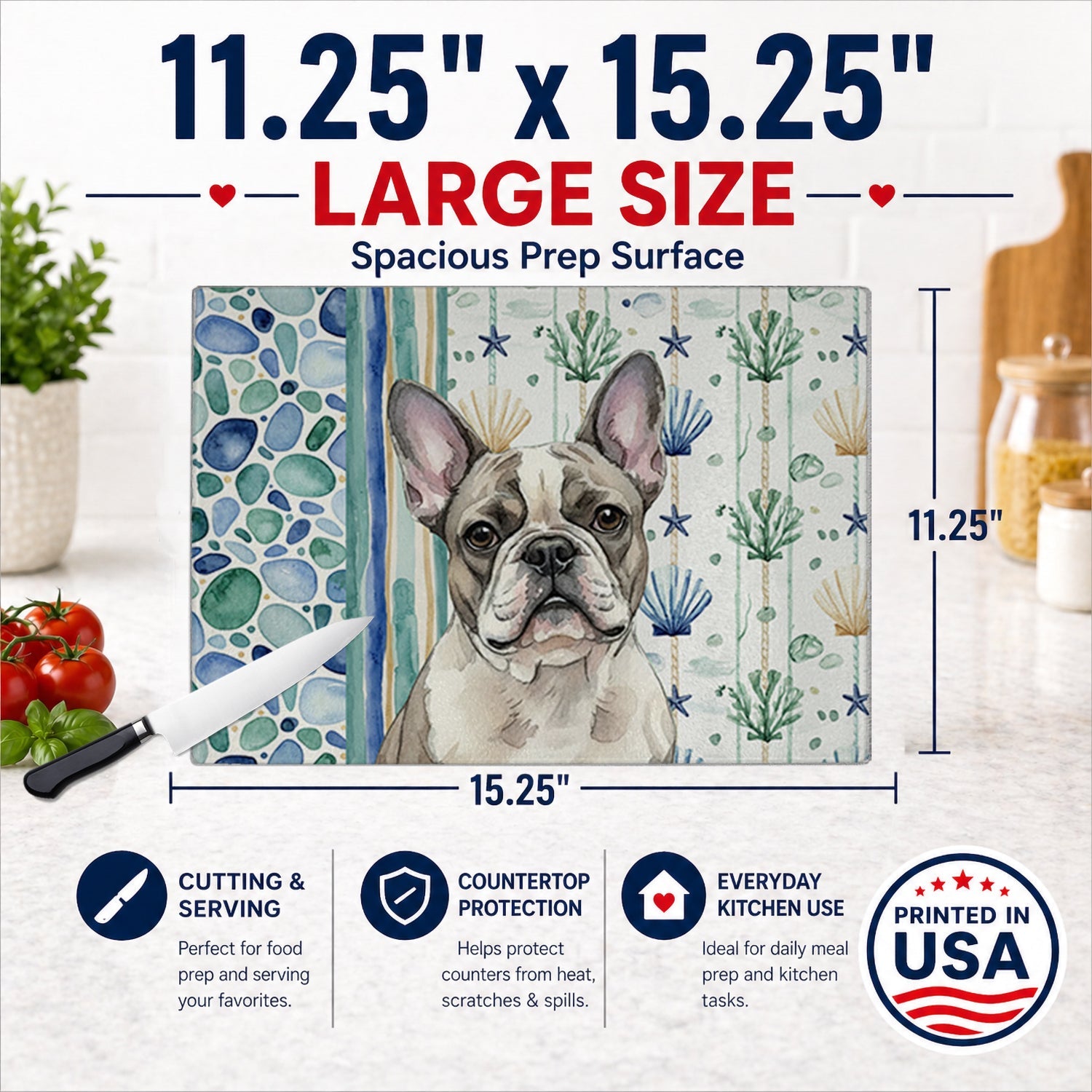 Pied French Bulldog Coastal Sea Glass Cutting Board Tempered Glass Kitchen Cutting Surface, Heat Resistant Chopping, Non-Slip Feet, Food Prep & Serving
