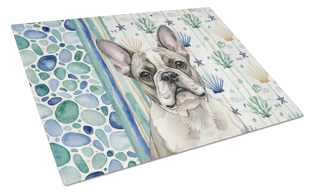 Pied French Bulldog Coastal Sea Glass Cutting Board Tempered Glass Kitchen Cutting Surface, Heat Resistant Chopping, Non-Slip Feet, Food Prep & Serving