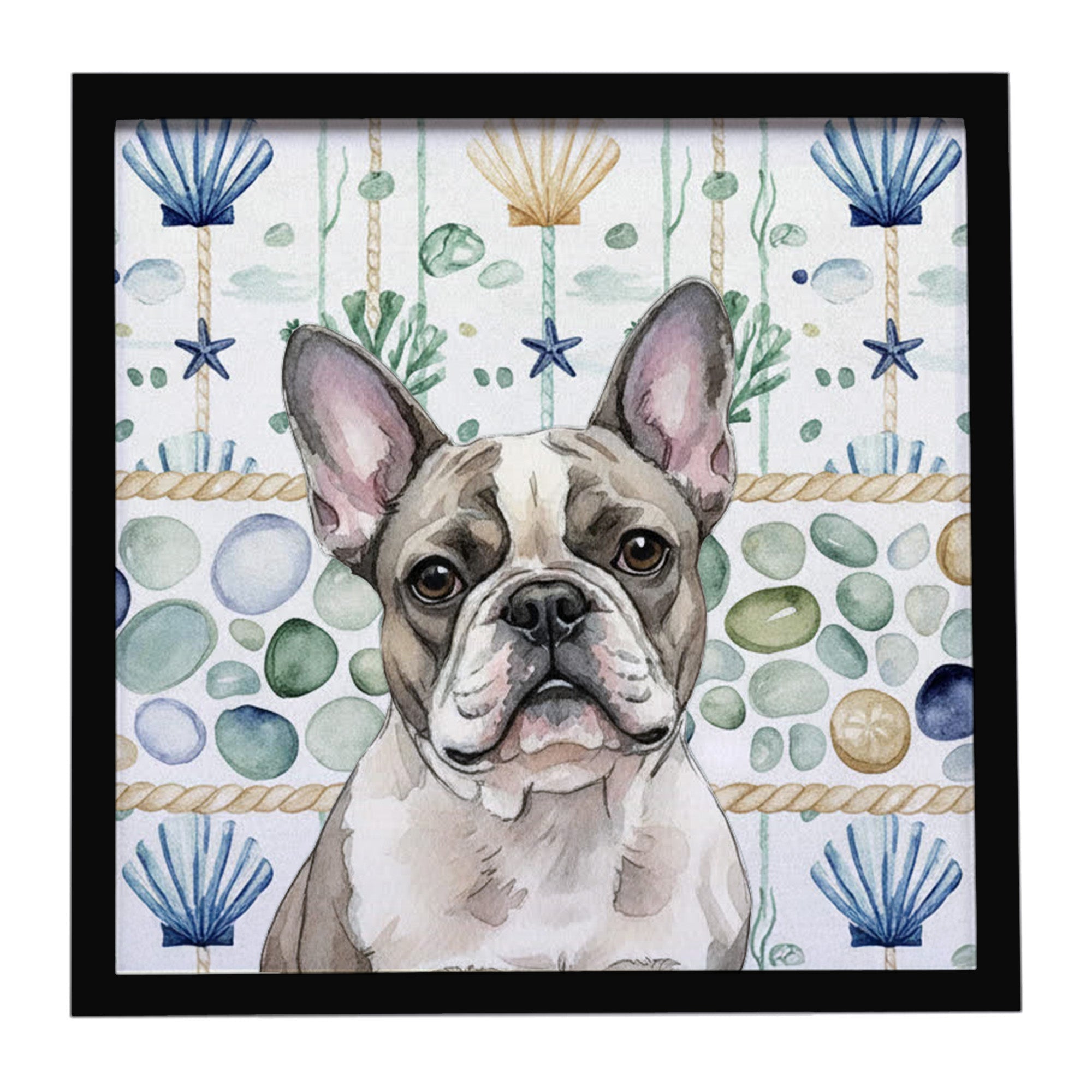Pied French Bulldog Coastal Sea Glass Framed Metal Print Bathroom, Kitchen, Office, Home Decor Wall Art Ready to Hang, Square, 8X8