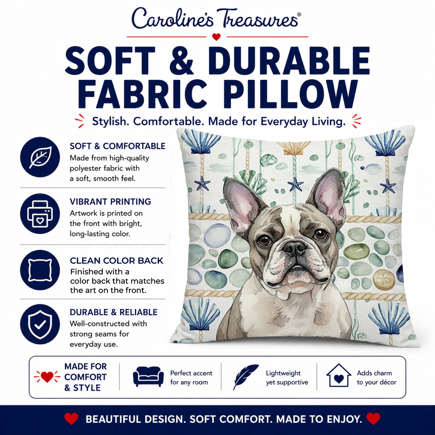Pied French Bulldog Coastal Sea Glass Decorative Throw Pillow 14x14 Indoor Outdoor Accent Cushion, Fabric Cover with Insert for Sofa, Bed, Porch & Living Room