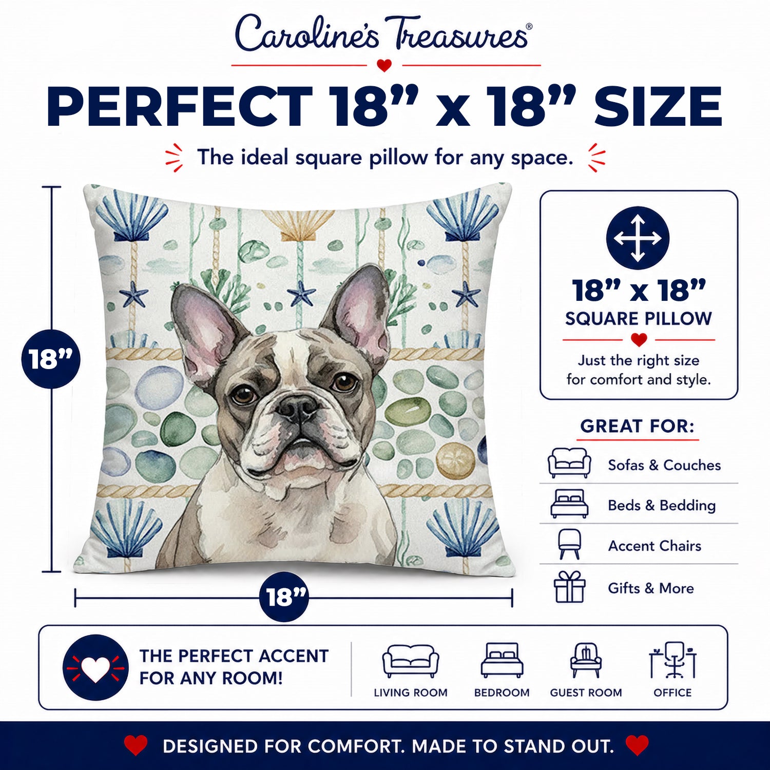 Pied French Bulldog Coastal Sea Glass Decorative Throw Pillow 18x18 Indoor Outdoor Accent Cushion, Fabric Cover with Insert for Sofa, Bed, Porch & Living Room