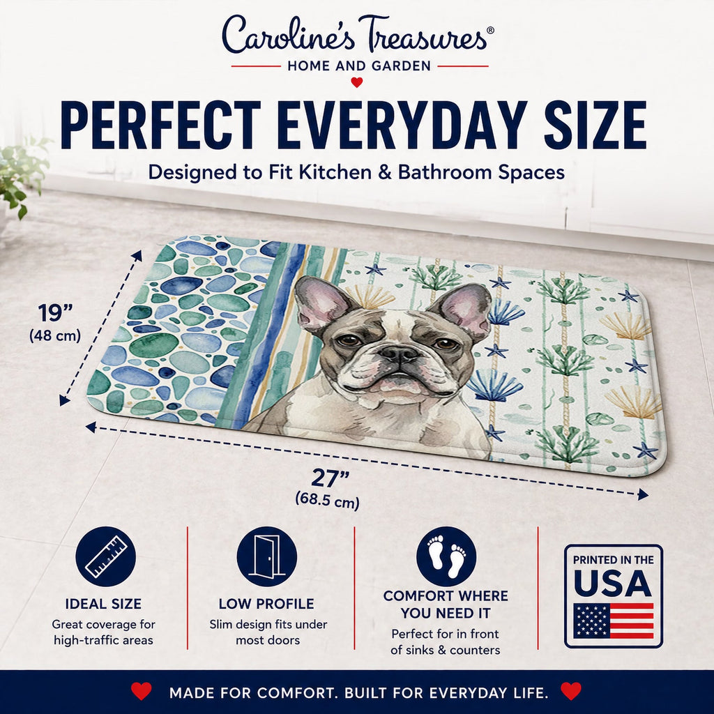 Pied French Bulldog Coastal Sea Glass Memory Foam Kitchen Mat Machine Washable Anti-Fatigue Cushion Comfort Bath or Kitchen Rug