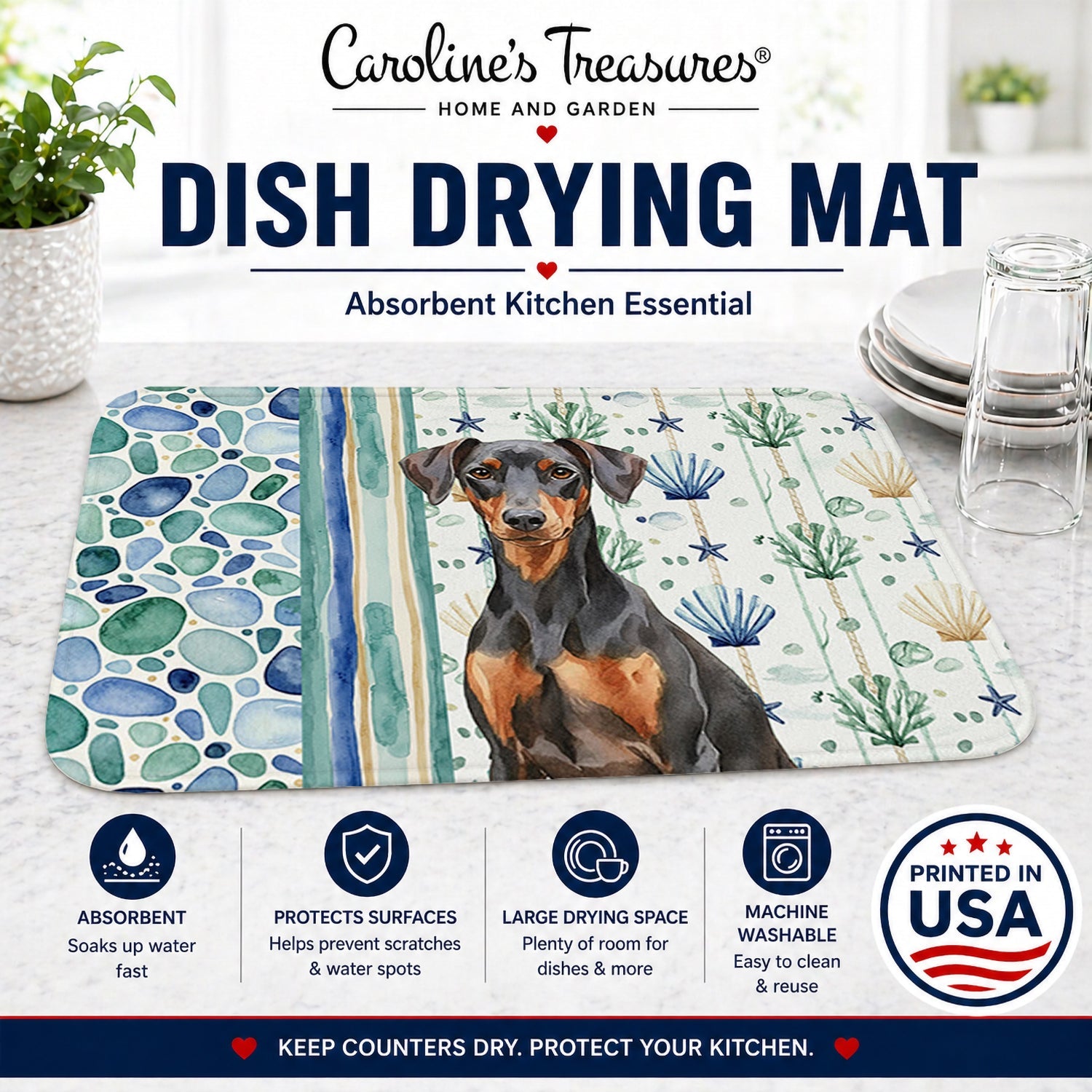 German Pinscher Coastal Sea Glass Dish Drying Mat Absorbent Dish Drying Mat Pad for Kitchen Counter Dish Drainer Mat for Countertop, 14 x 21", Multicolor