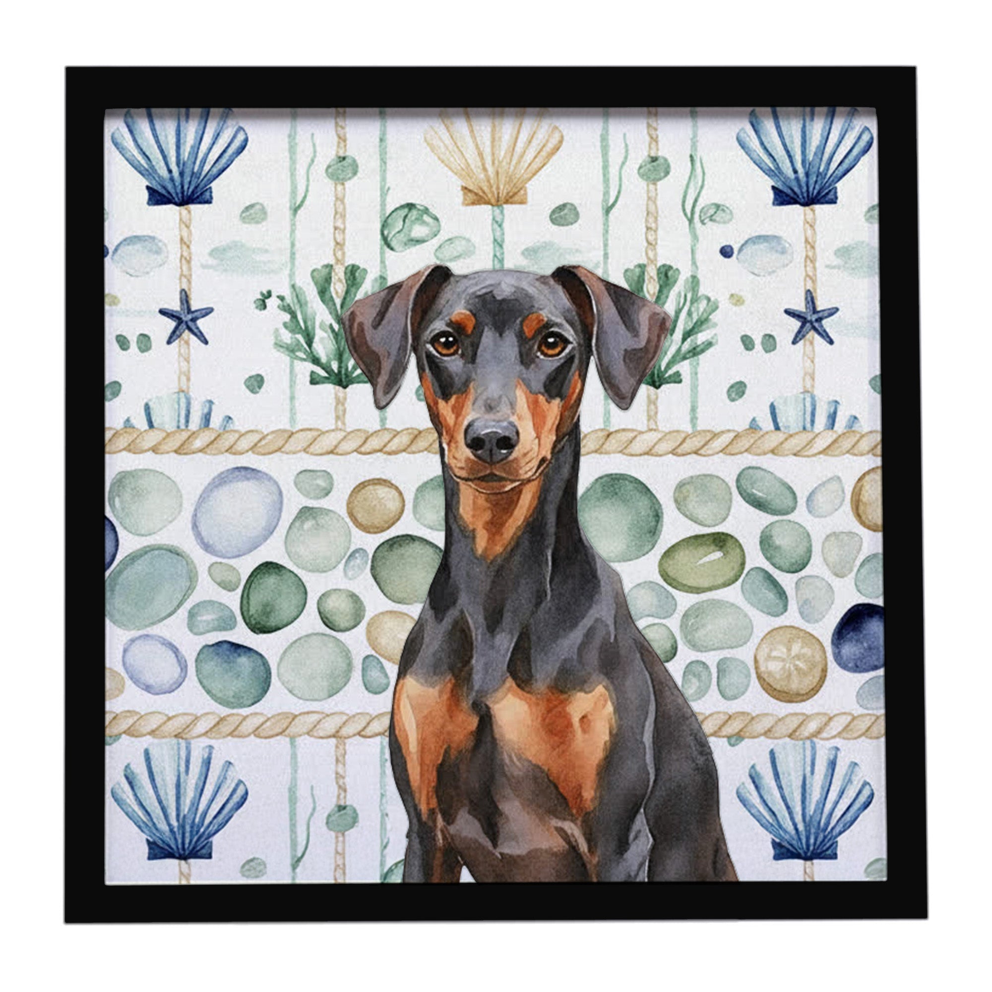 German Pinscher Coastal Sea Glass Framed Metal Print Bathroom, Kitchen, Office, Home Decor Wall Art Ready to Hang, Square, 8X8