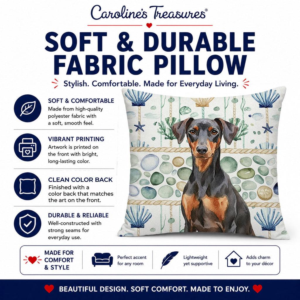 German Pinscher Coastal Sea Glass Decorative Throw Pillow 14x14 Indoor Outdoor Accent Cushion, Fabric Cover with Insert for Sofa, Bed, Porch & Living Room