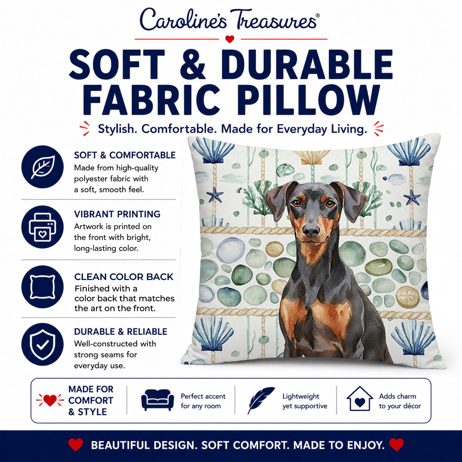 German Pinscher Coastal Sea Glass Decorative Throw Pillow 14x14 Indoor Outdoor Accent Cushion, Fabric Cover with Insert for Sofa, Bed, Porch & Living Room