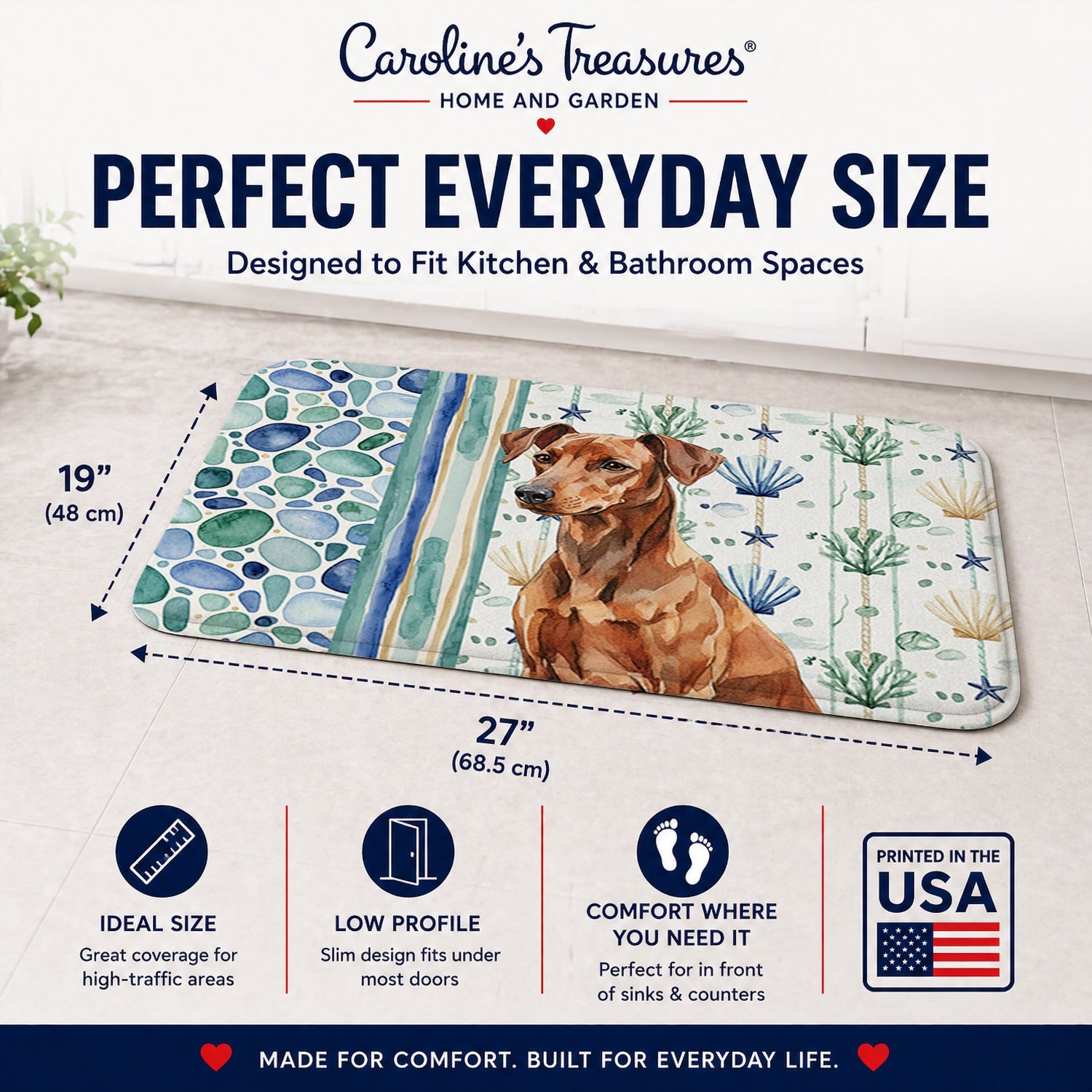 Red German Pinscher Coastal Sea Glass Memory Foam Kitchen Mat Machine Washable Anti-Fatigue Cushion Comfort Bath or Kitchen Rug