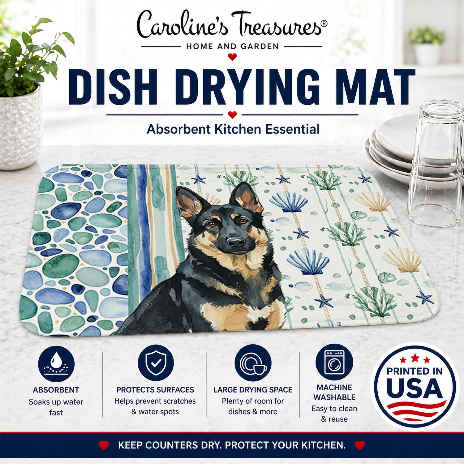 Black and Tan German Shepherd Coastal Sea Glass Dish Drying Mat Absorbent Dish Drying Mat Pad for Kitchen Counter Dish Drainer Mat for Countertop, 14 x 21", Multicolor
