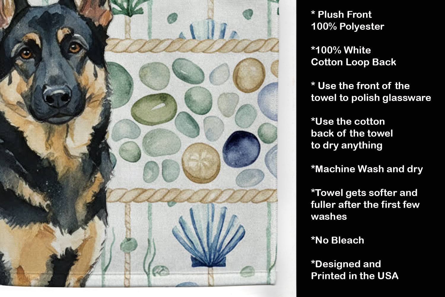 Black and Tan German Shepherd Coastal Sea Glass Kitchen Towel Velour Plush Front and Cotton Loop Back Machine Washable