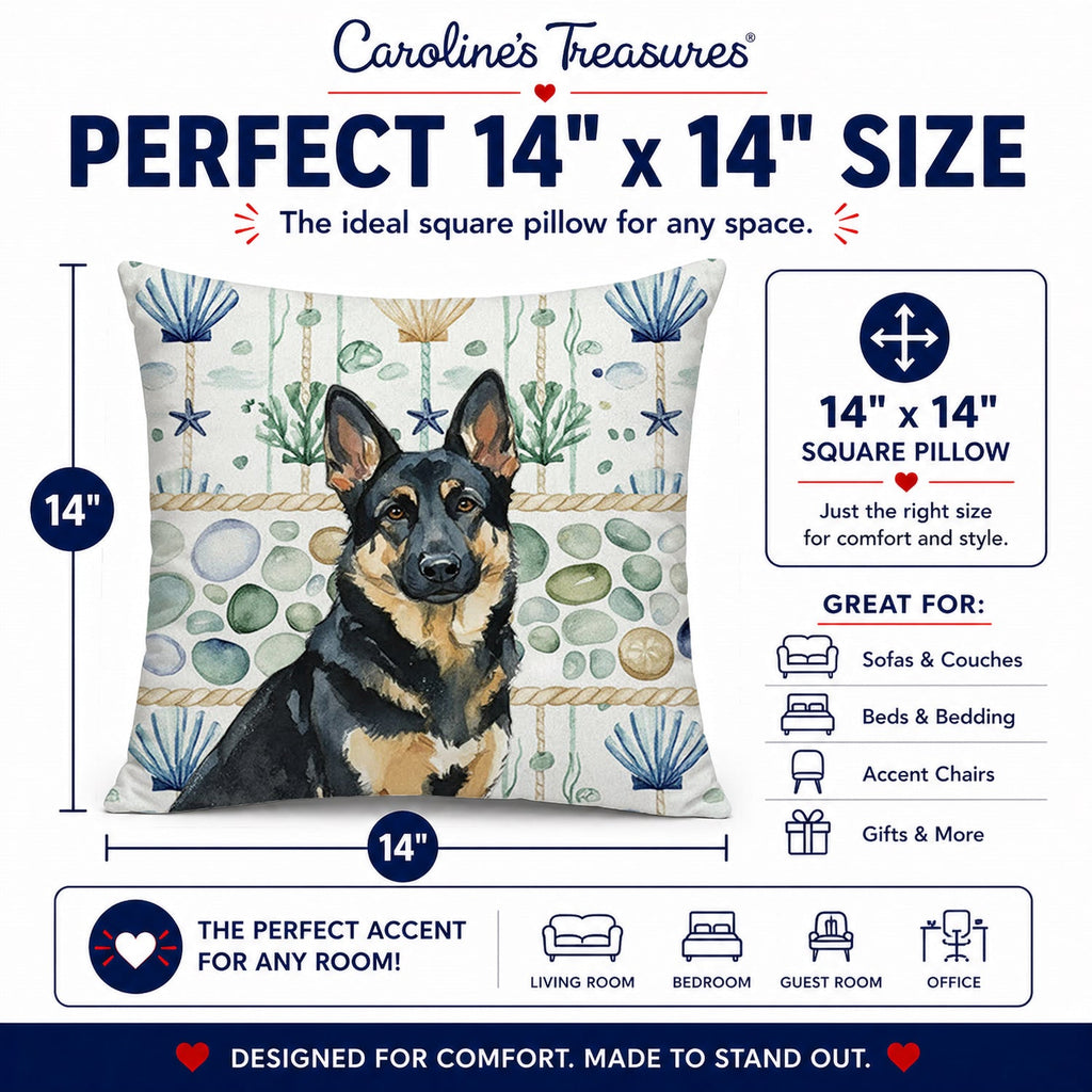 Black and Tan German Shepherd Coastal Sea Glass Decorative Throw Pillow 14x14 Indoor Outdoor Accent Cushion, Fabric Cover with Insert for Sofa, Bed, Porch & Living Room