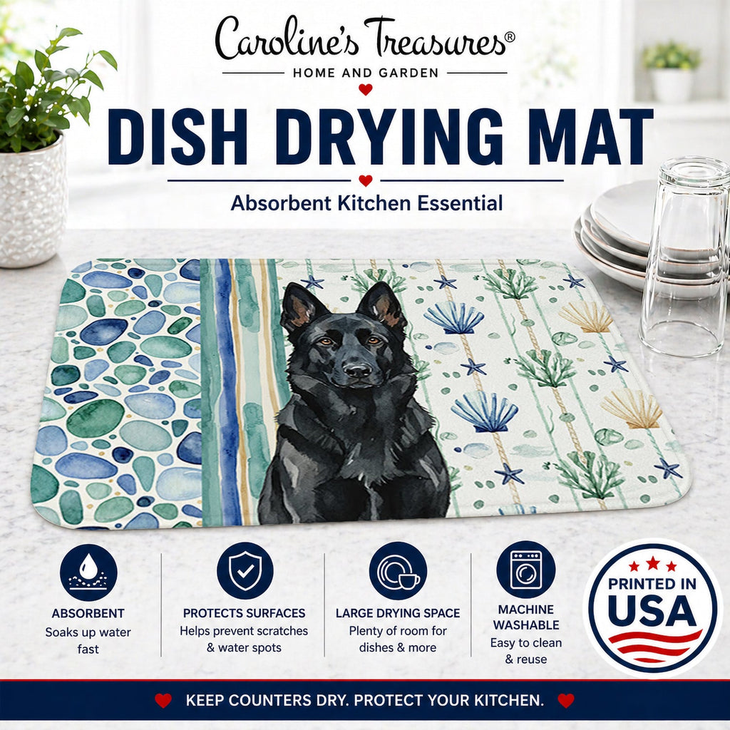 Black German Shepherd Coastal Sea Glass Dish Drying Mat Absorbent Dish Drying Mat Pad for Kitchen Counter Dish Drainer Mat for Countertop, 14 x 21", Multicolor