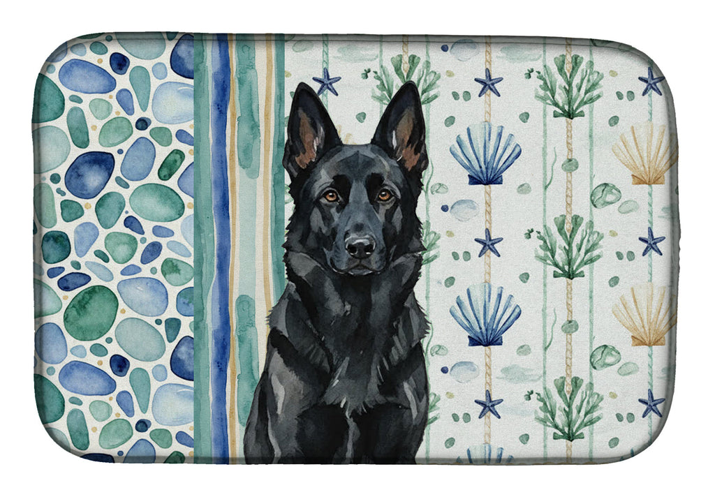 Black German Shepherd Coastal Sea Glass Dish Drying Mat Absorbent Dish Drying Mat Pad for Kitchen Counter Dish Drainer Mat for Countertop, 14 x 21", Multicolor