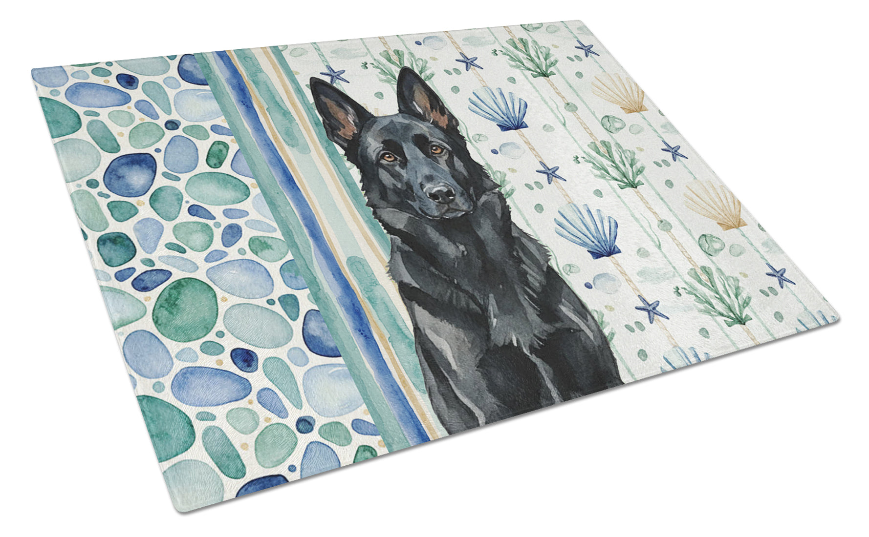 Black German Shepherd Coastal Sea Glass Cutting Board Tempered Glass Kitchen Cutting Surface, Heat Resistant Chopping, Non-Slip Feet, Food Prep & Serving