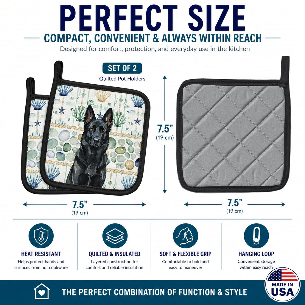 Black German Shepherd Coastal Sea Glass Pot Holder Set of 2 Heat Resistant Quilted Hot Pads 7.5 x 7.5 Inch, Insulated Kitchen Trivets for Cooking & Baking