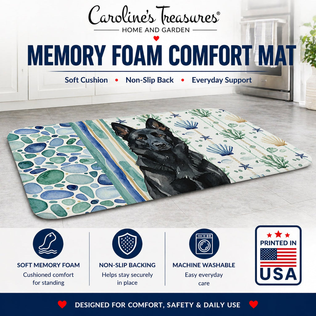 Black German Shepherd Coastal Sea Glass Memory Foam Kitchen Mat Machine Washable Anti-Fatigue Cushion Comfort Bath or Kitchen Rug
