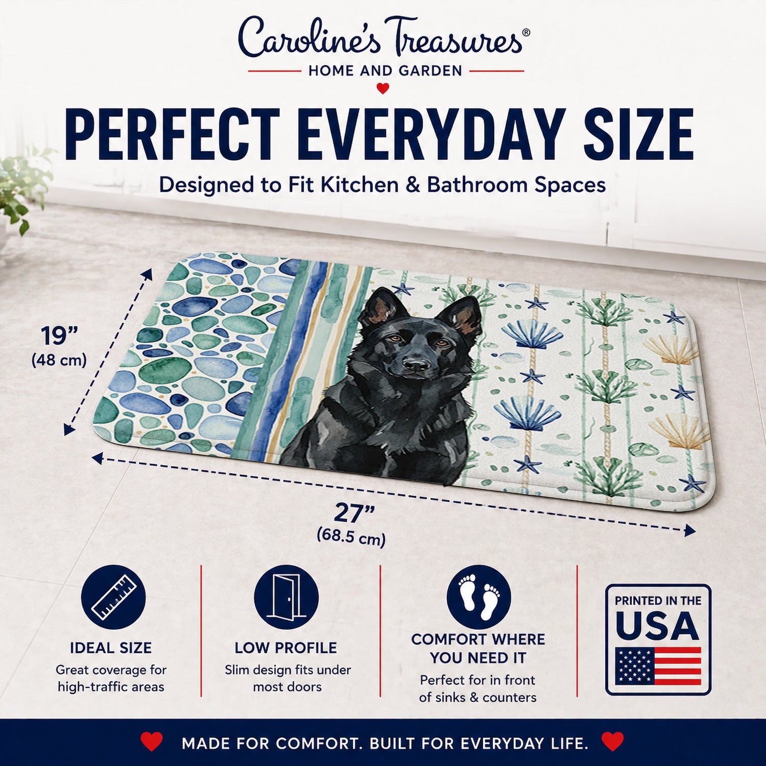 Black German Shepherd Coastal Sea Glass Memory Foam Kitchen Mat Machine Washable Anti-Fatigue Cushion Comfort Bath or Kitchen Rug