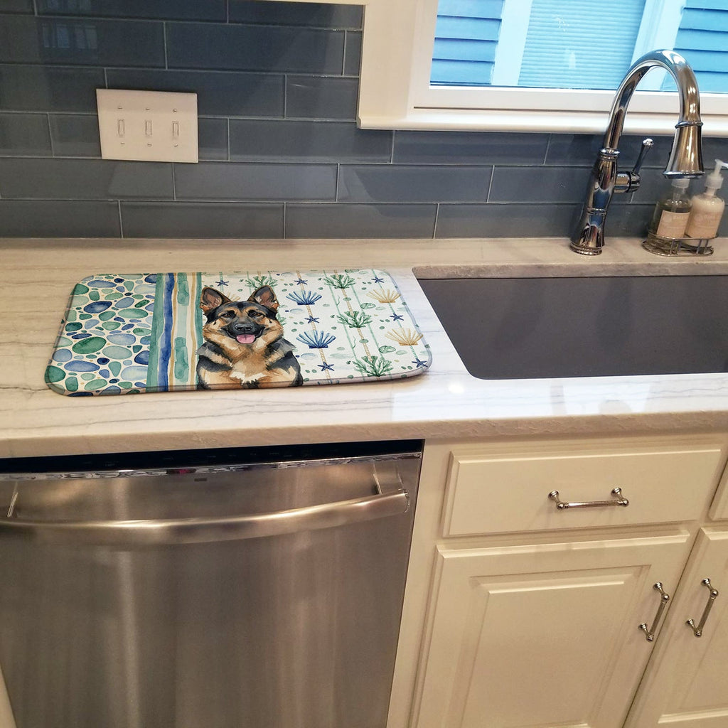 German Shepherd Coastal Sea Glass Dish Drying Mat Absorbent Dish Drying Mat Pad for Kitchen Counter Dish Drainer Mat for Countertop, 14 x 21", Multicolor