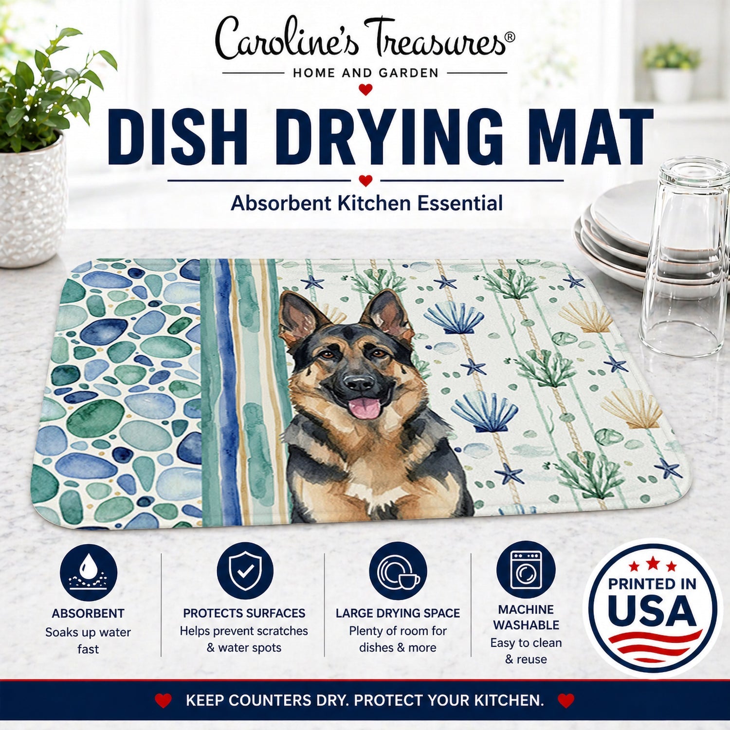 German Shepherd Coastal Sea Glass Dish Drying Mat Absorbent Dish Drying Mat Pad for Kitchen Counter Dish Drainer Mat for Countertop, 14 x 21", Multicolor