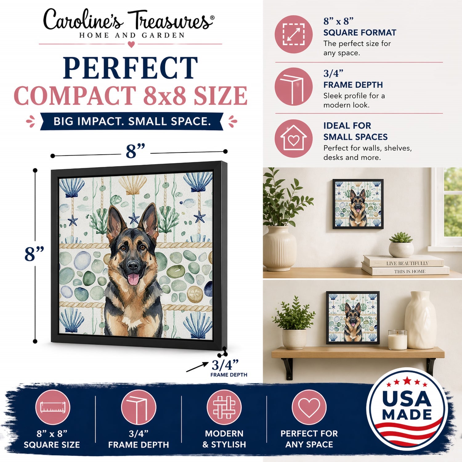 German Shepherd Coastal Sea Glass Framed Metal Print Bathroom, Kitchen, Office, Home Decor Wall Art Ready to Hang, Square, 8X8