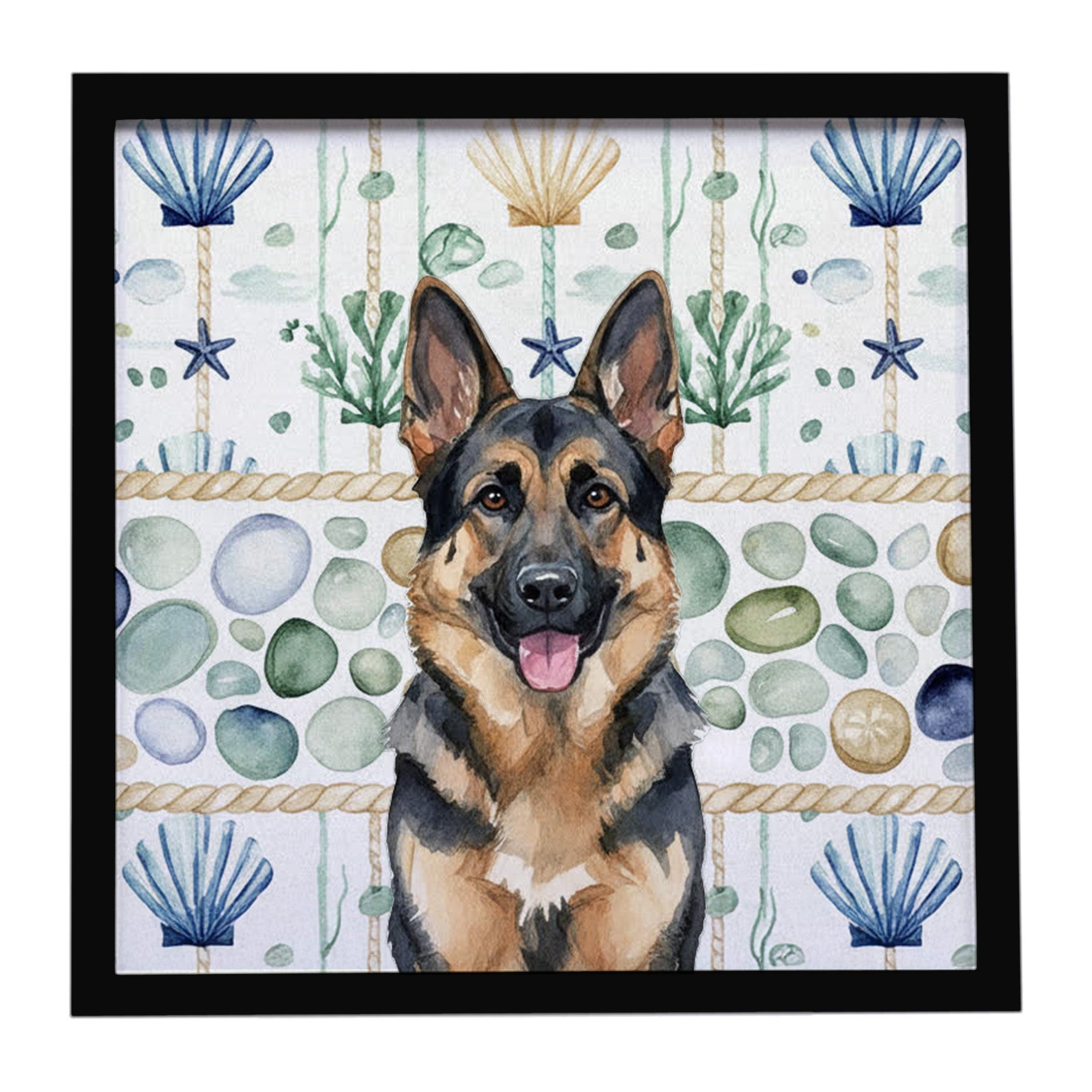 German Shepherd Coastal Sea Glass Framed Metal Print Bathroom, Kitchen, Office, Home Decor Wall Art Ready to Hang, Square, 8X8