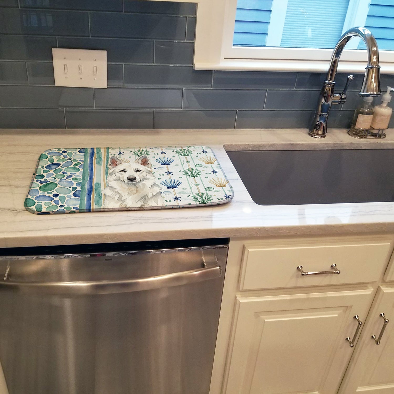 White German Shepherd Coastal Sea Glass Dish Drying Mat Absorbent Dish Drying Mat Pad for Kitchen Counter Dish Drainer Mat for Countertop, 14 x 21", Multicolor