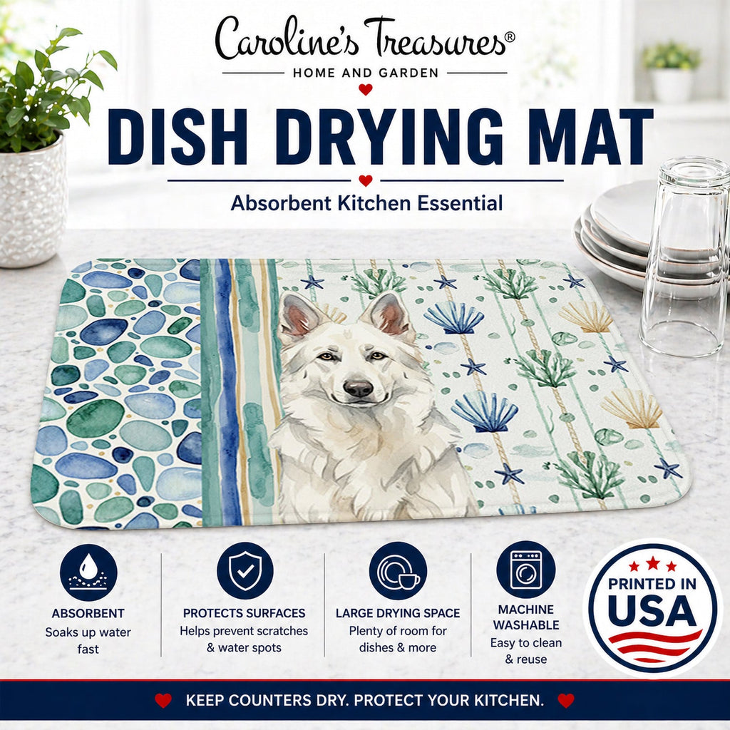 White German Shepherd Coastal Sea Glass Dish Drying Mat Absorbent Dish Drying Mat Pad for Kitchen Counter Dish Drainer Mat for Countertop, 14 x 21", Multicolor