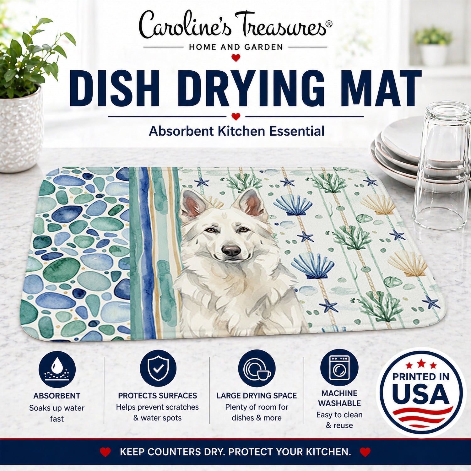 White German Shepherd Coastal Sea Glass Dish Drying Mat Absorbent Dish Drying Mat Pad for Kitchen Counter Dish Drainer Mat for Countertop, 14 x 21", Multicolor
