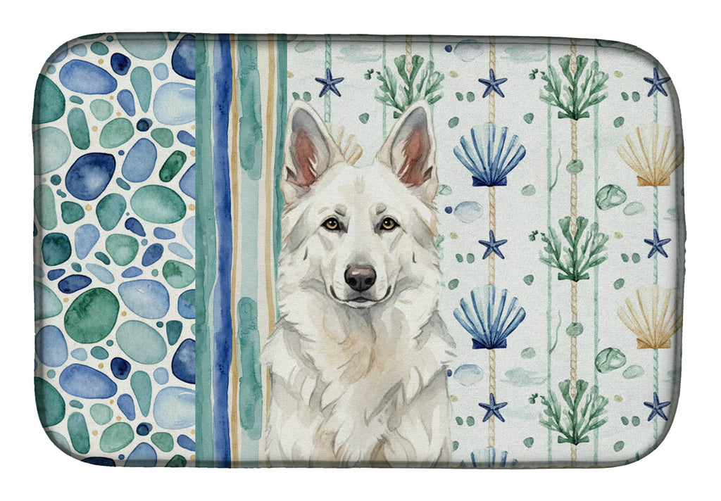 White German Shepherd Coastal Sea Glass Dish Drying Mat Absorbent Dish Drying Mat Pad for Kitchen Counter Dish Drainer Mat for Countertop, 14 x 21", Multicolor