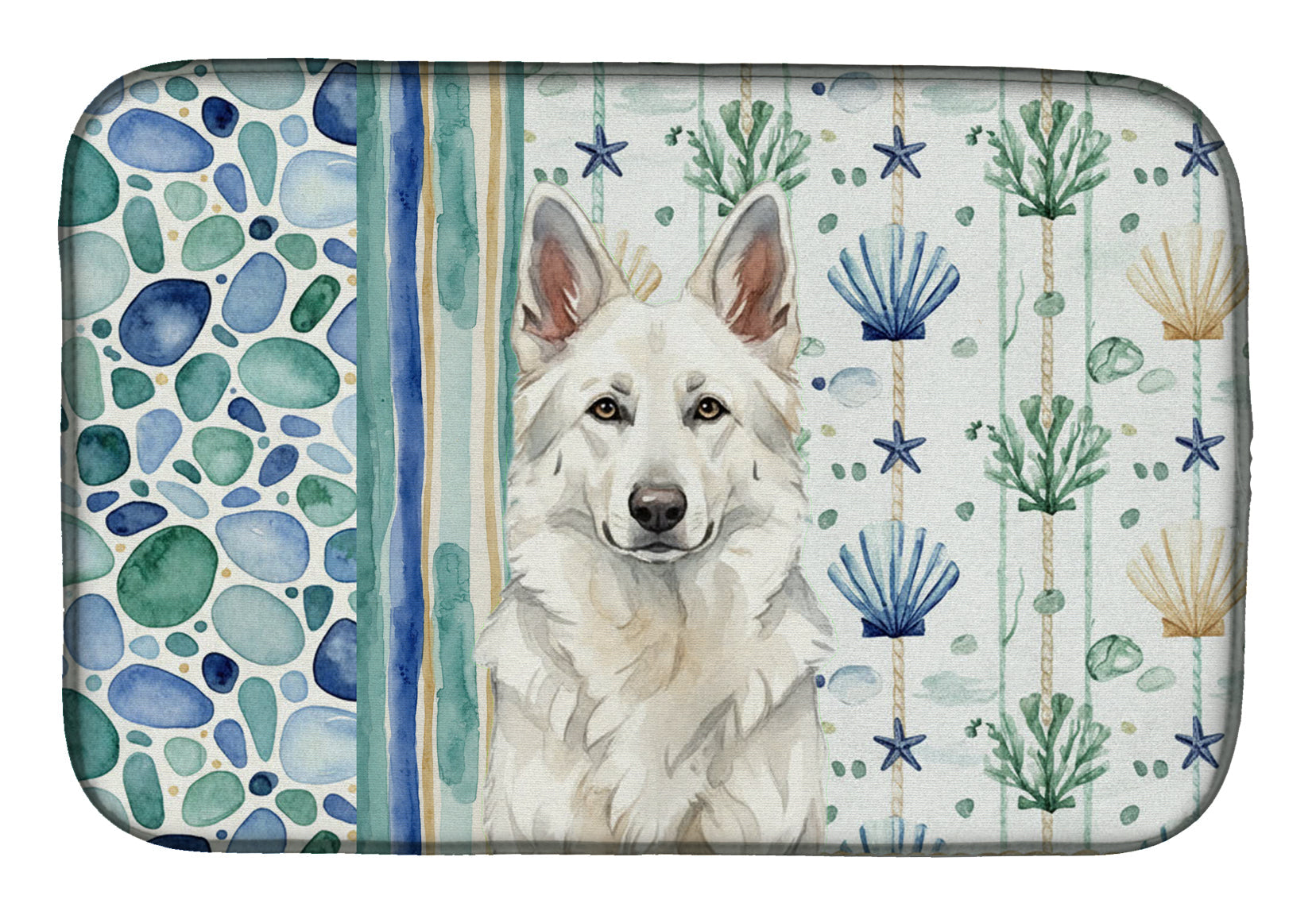 White German Shepherd Coastal Sea Glass Dish Drying Mat Absorbent Dish Drying Mat Pad for Kitchen Counter Dish Drainer Mat for Countertop, 14 x 21", Multicolor