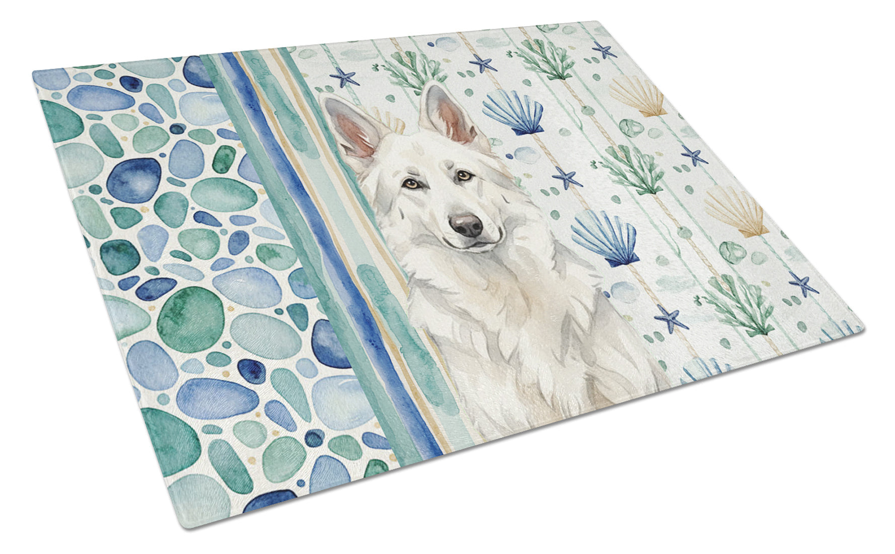 White German Shepherd Coastal Sea Glass Cutting Board Tempered Glass Kitchen Cutting Surface, Heat Resistant Chopping, Non-Slip Feet, Food Prep & Serving