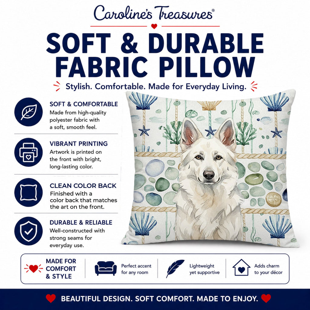 White German Shepherd Coastal Sea Glass Decorative Throw Pillow 18x18 Indoor Outdoor Accent Cushion, Fabric Cover with Insert for Sofa, Bed, Porch & Living Room