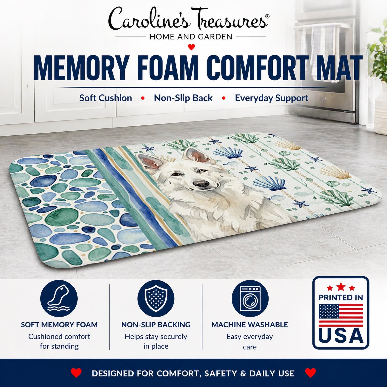 White German Shepherd Coastal Sea Glass Memory Foam Kitchen Mat Machine Washable Anti-Fatigue Cushion Comfort Bath or Kitchen Rug