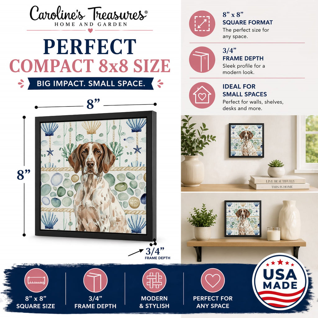 German Shorthaired Pointer Coastal Sea Glass Framed Metal Print Bathroom, Kitchen, Office, Home Decor Wall Art Ready to Hang, Square, 8X8
