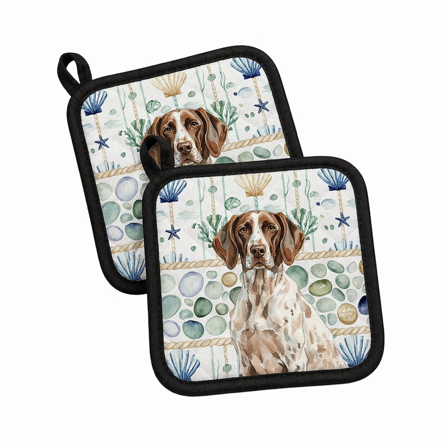 German Shorthaired Pointer Coastal Sea Glass Pot Holder Set of 2 Heat Resistant Quilted Hot Pads 7.5 x 7.5 Inch, Insulated Kitchen Trivets for Cooking & Baking