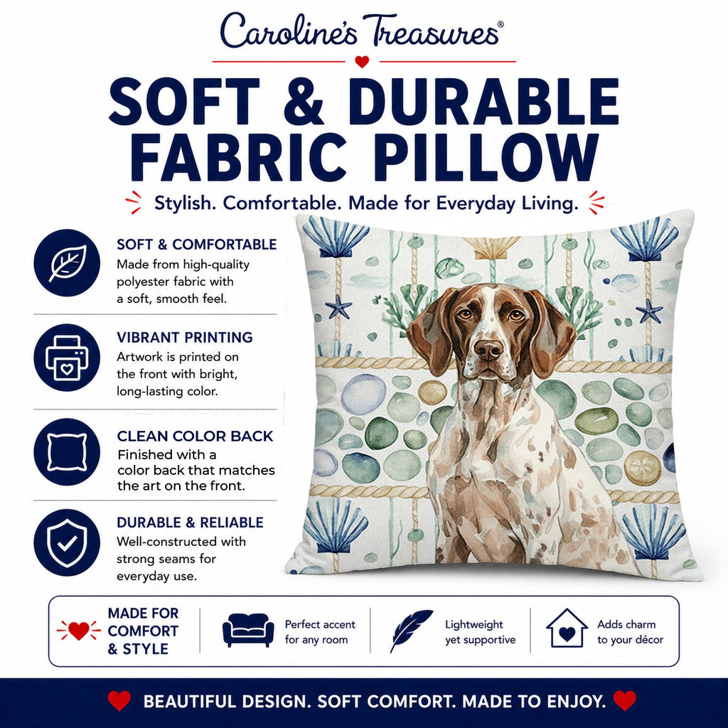 German Shorthaired Pointer Coastal Sea Glass Decorative Throw Pillow 18x18 Indoor Outdoor Accent Cushion, Fabric Cover with Insert for Sofa, Bed, Porch & Living Room