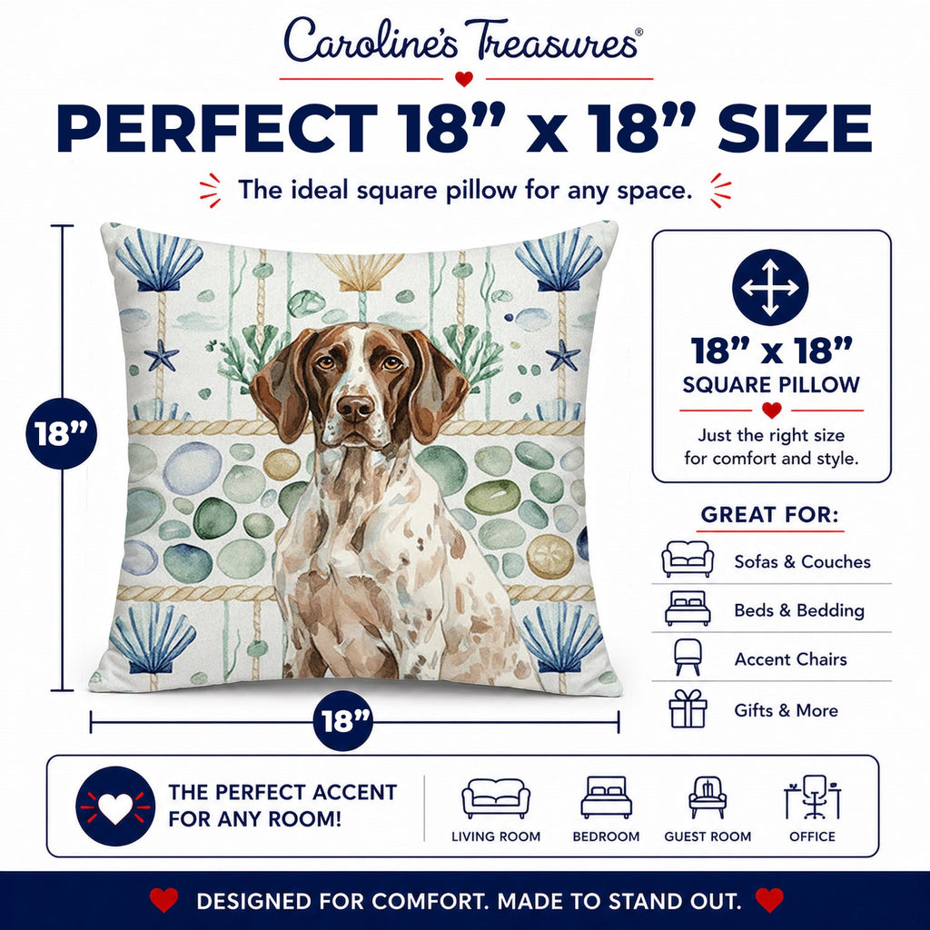 German Shorthaired Pointer Coastal Sea Glass Decorative Throw Pillow 18x18 Indoor Outdoor Accent Cushion, Fabric Cover with Insert for Sofa, Bed, Porch & Living Room