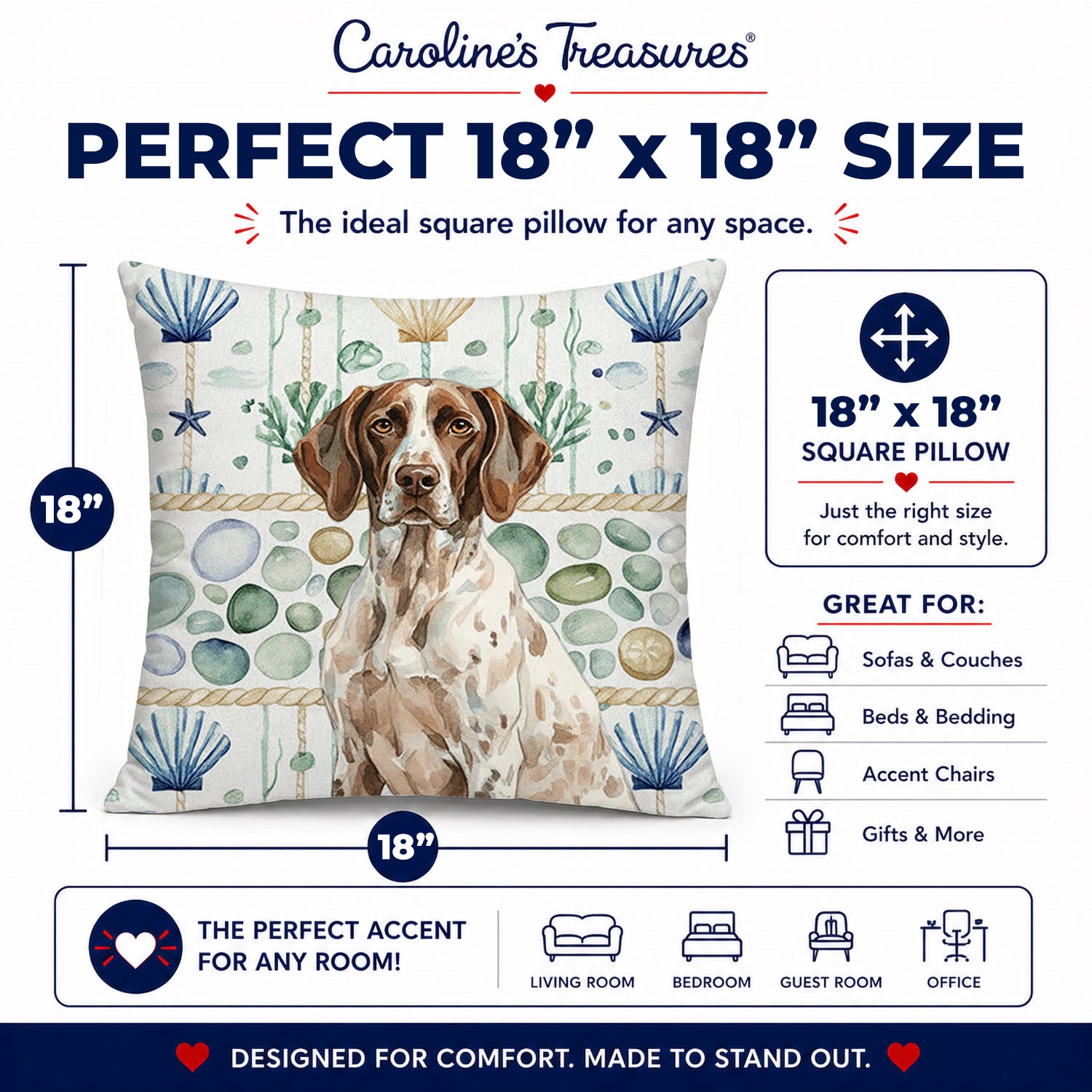 German Shorthaired Pointer Coastal Sea Glass Decorative Throw Pillow 18x18 Indoor Outdoor Accent Cushion, Fabric Cover with Insert for Sofa, Bed, Porch & Living Room