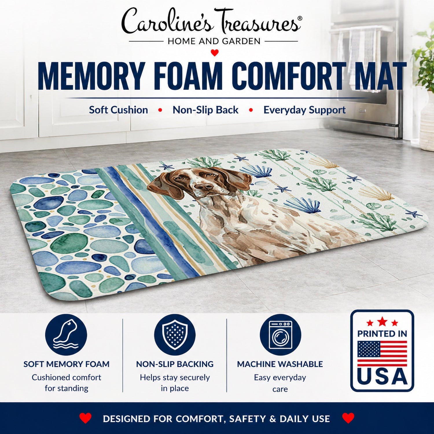 German Shorthaired Pointer Coastal Sea Glass Memory Foam Kitchen Mat Machine Washable Anti-Fatigue Cushion Comfort Bath or Kitchen Rug
